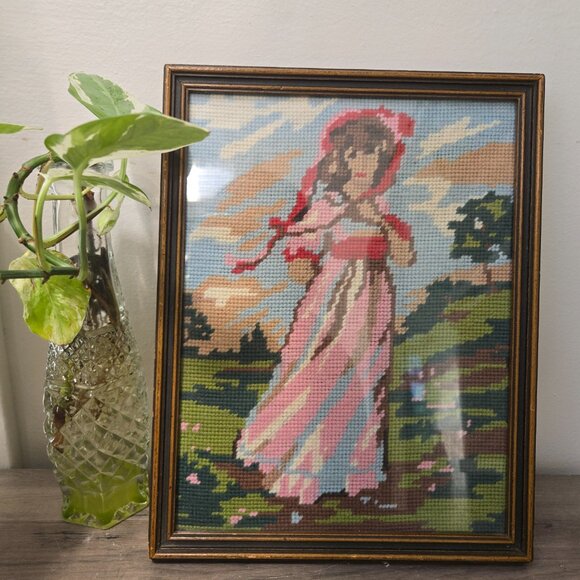 3 For 55 🫶✌️Vintage 1970s Needlepoint Tapestry Art in Wooden Teak Frame - Picture 2 of 4